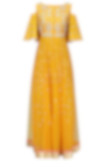 Yellow Embroidered Cold Shoulder Gown by Breathe By Aakanksha Singh
