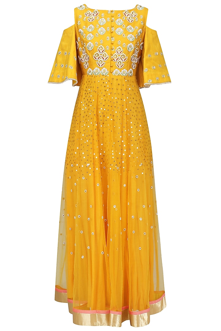 Yellow Embroidered Cold Shoulder Gown by Breathe By Aakanksha Singh
