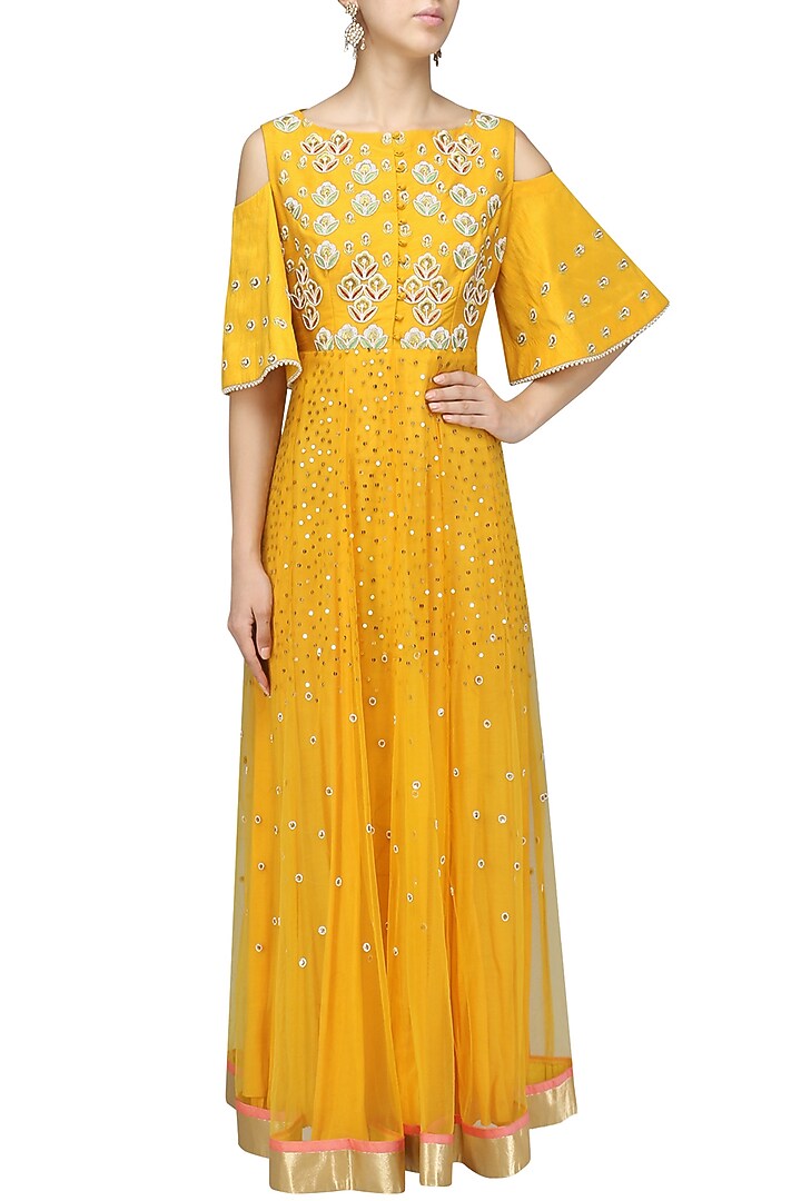 Yellow embroidered cold shoulder gown only at Pernia's Pop Up Shop.