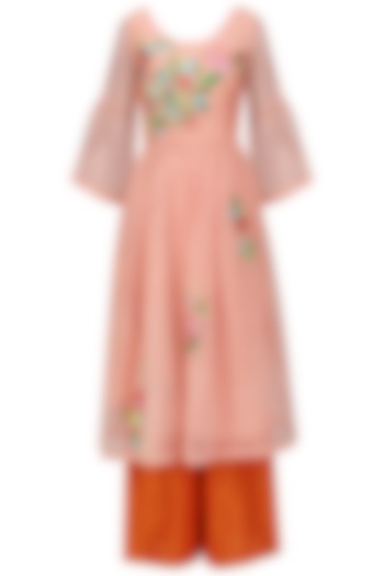 Peach Floral Embroidered Kurta and Orange Palazzo Set by Breathe By Aakanksha Singh