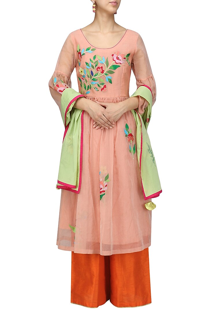Peach floral embroidered kurta and orange palazzo set available only at Pernia's Pop Up Shop.