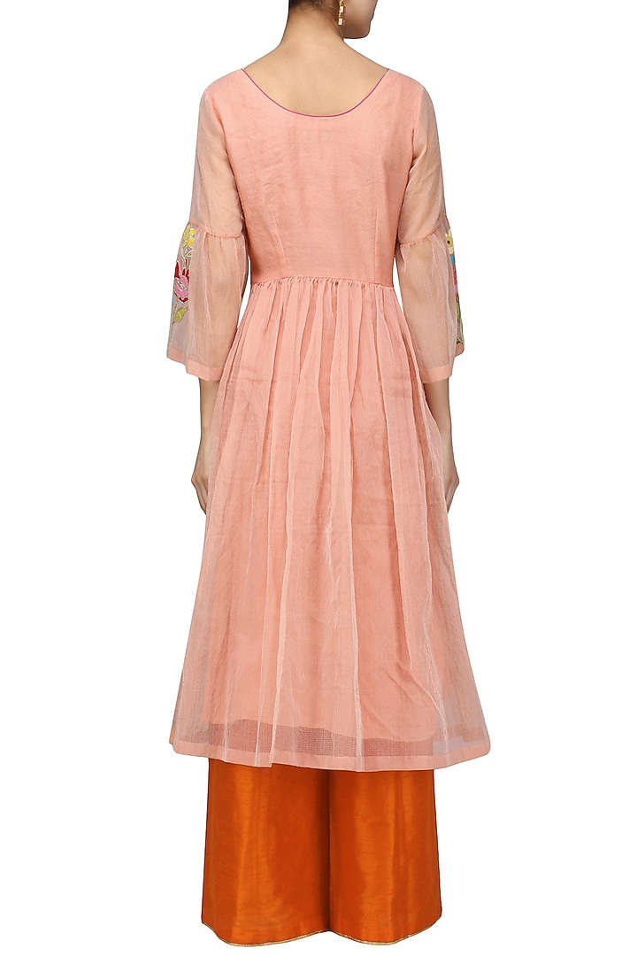 Peach floral embroidered kurta and orange palazzo set available only at Pernia's Pop Up Shop.