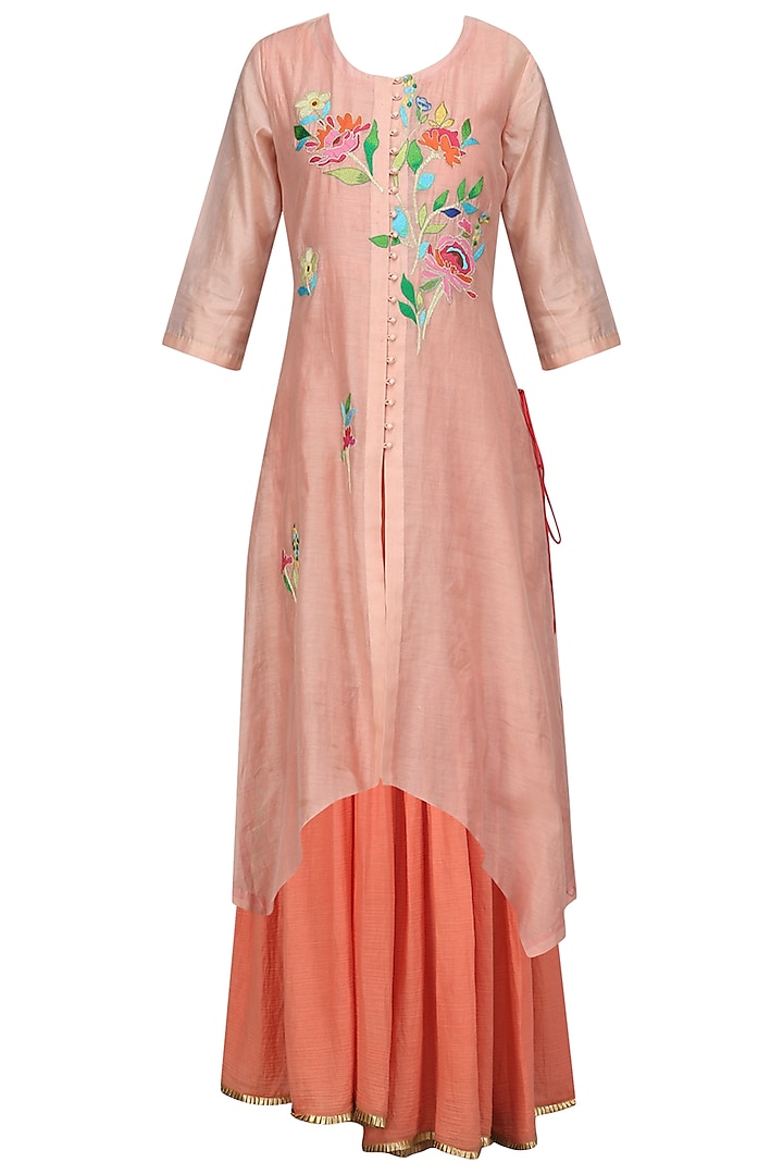 Peach and Coral Floral Embroidered Asymmetric Kurta and Jumpsuit Set by Breathe By Aakanksha Singh