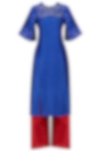 Cobalt blue open slit kurta and red palazzo set available only at Pernia's Pop Up Shop.