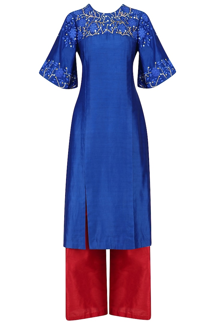 Cobalt blue open slit kurta and red palazzo set available only at Pernia's Pop Up Shop.