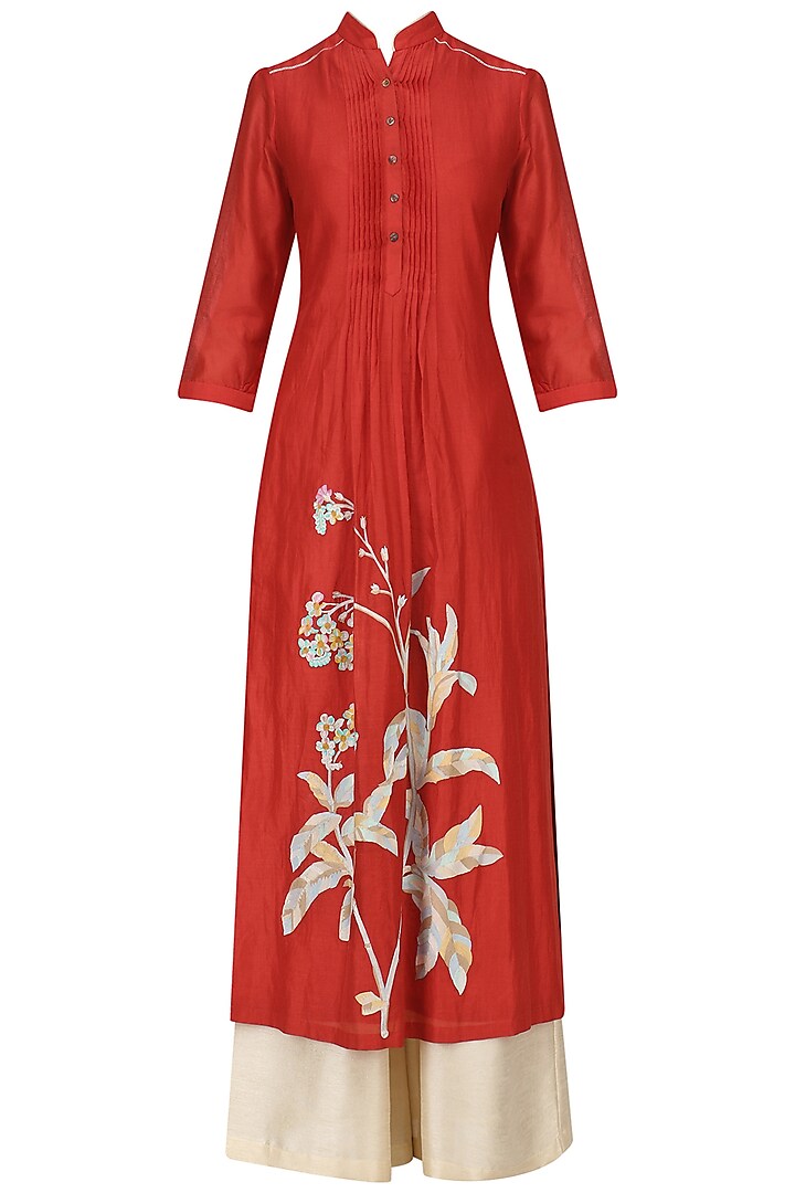 Red floral print kurta and beige palazzo set available only at Pernia's Pop Up Shop.