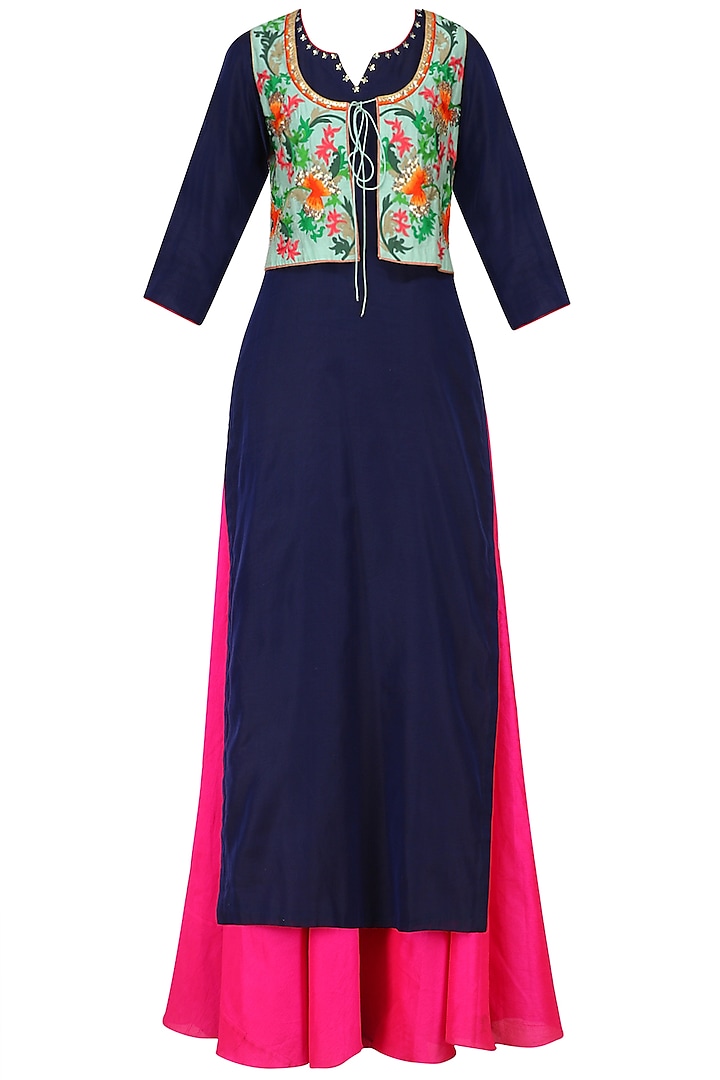 Floral waistcoat with blue kurta and pink palazzo available only at Pernia's Pop Up Shop.