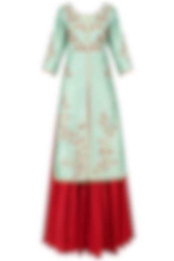 Turquoise blue kurta jacket with red lehenga skirt and dupatta available only at Pernia's Pop Up Shop.