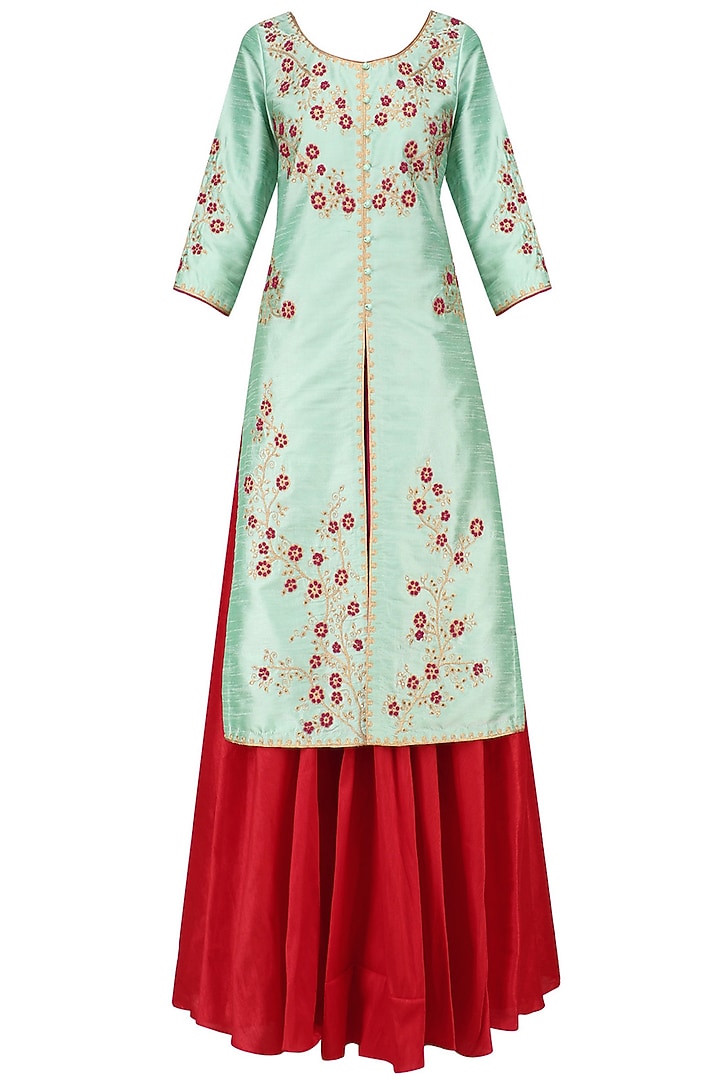 Turquoise blue kurta jacket with red lehenga skirt and dupatta available only at Pernia's Pop Up Shop.
