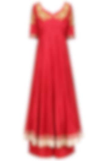 Red floral embroidered anarkali and palazzo pants set available only at Pernia's Pop Up Shop.