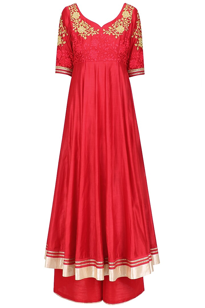 Red floral embroidered anarkali and palazzo pants set available only at Pernia's Pop Up Shop.