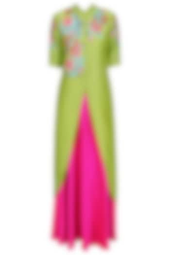 Lime green floral embroidered kurta and pink skirt set available only at Pernia's Pop Up Shop.