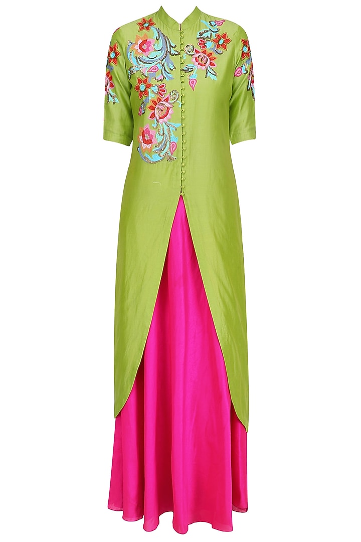 Lime green floral embroidered kurta and pink skirt set available only at Pernia's Pop Up Shop.
