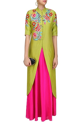 Lime Green Floral Embroidered Kurta and Pink Skirt Set by Breathe By Aakanksha Singh