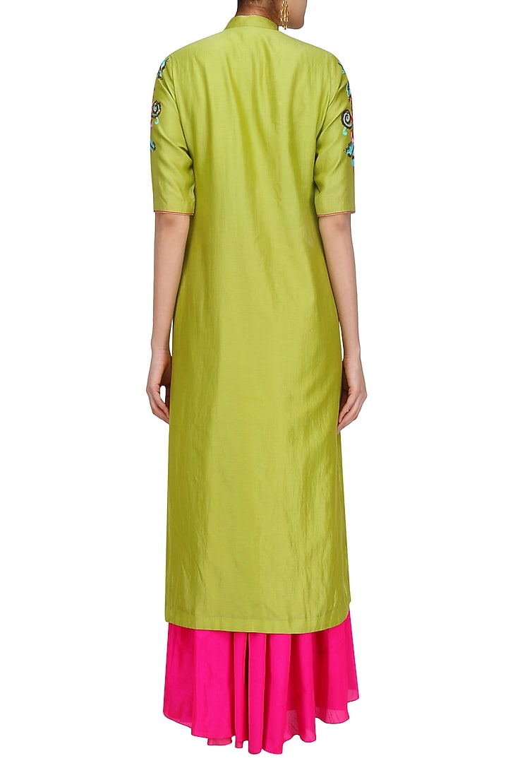 Lime green floral embroidered kurta and pink skirt set available only at Pernia's Pop Up Shop.