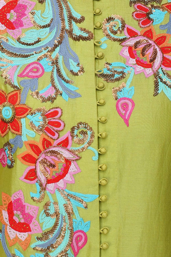 Lime green floral embroidered kurta and pink skirt set available only at Pernia's Pop Up Shop.
