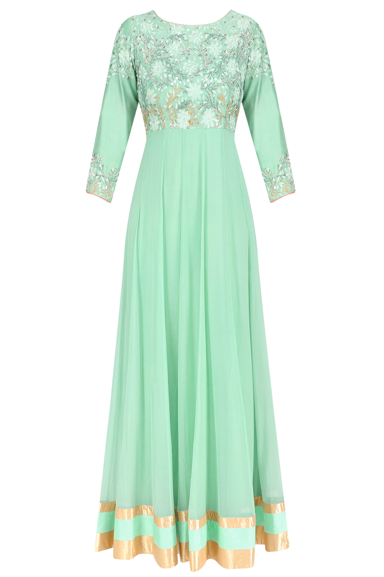 Mint green floral embroidered anarkali with hot pink dupatta available only at Pernia's Pop Up Shop.
