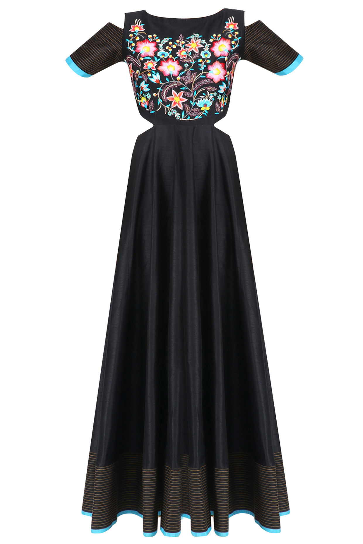 Black floral embroidered cold shoulder anarkali kurta available only at Pernia's Pop Up Shop.