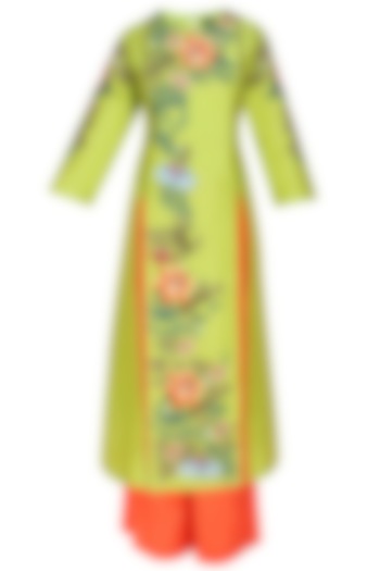 Lime green floral thread and zari embroidered chanderi kurta and orange pants set available only at Pernia's Pop Up Shop.
