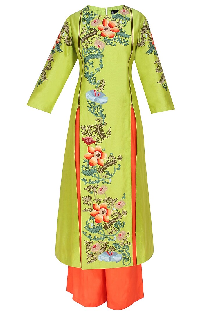 Lime green floral thread and zari embroidered chanderi kurta and orange pants set available only at Pernia's Pop Up Shop.