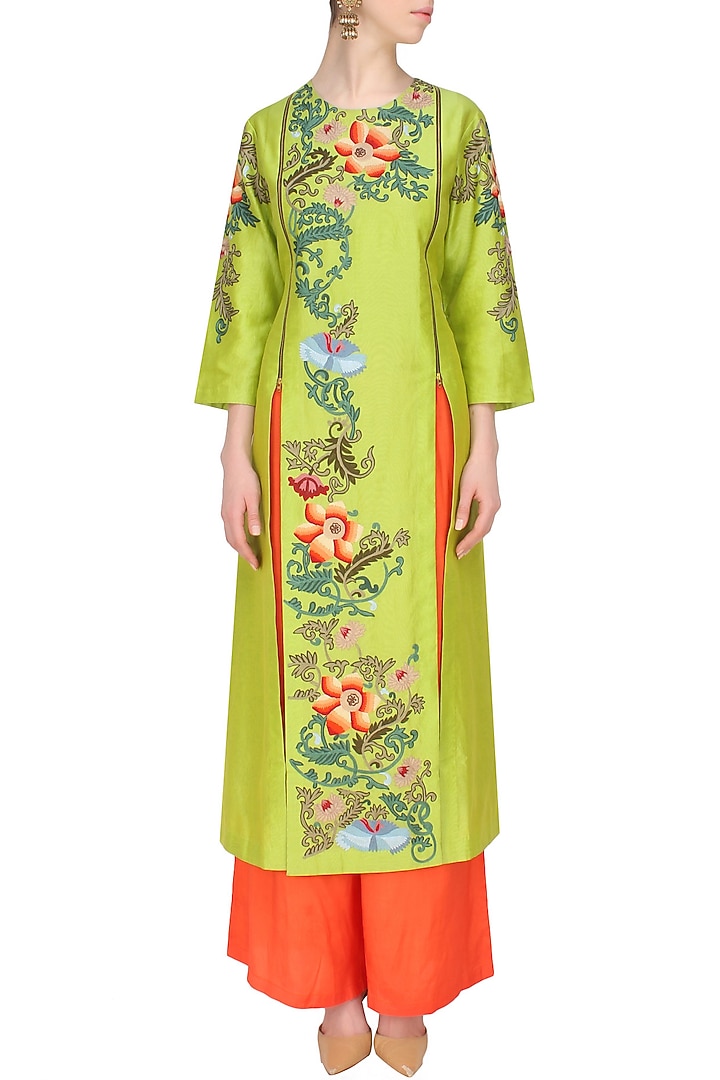 Lime green floral thread and zari embroidered chanderi kurta and orange pants set available only at Pernia's Pop Up Shop.