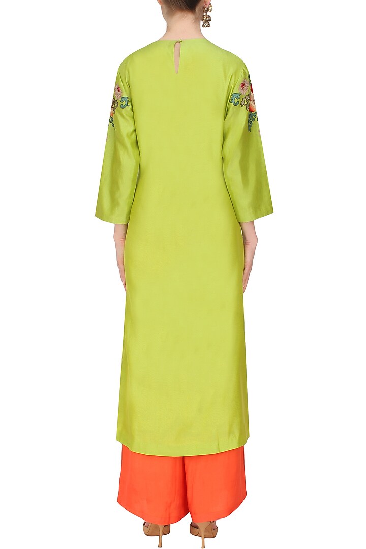 Lime green floral thread and zari embroidered chanderi kurta and orange pants set available only at Pernia's Pop Up Shop.