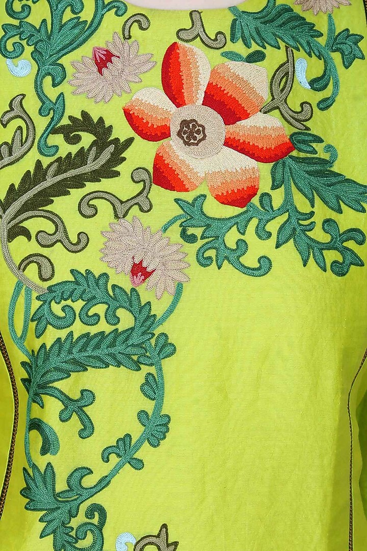 Lime green floral thread and zari embroidered chanderi kurta and orange pants set available only at Pernia's Pop Up Shop.