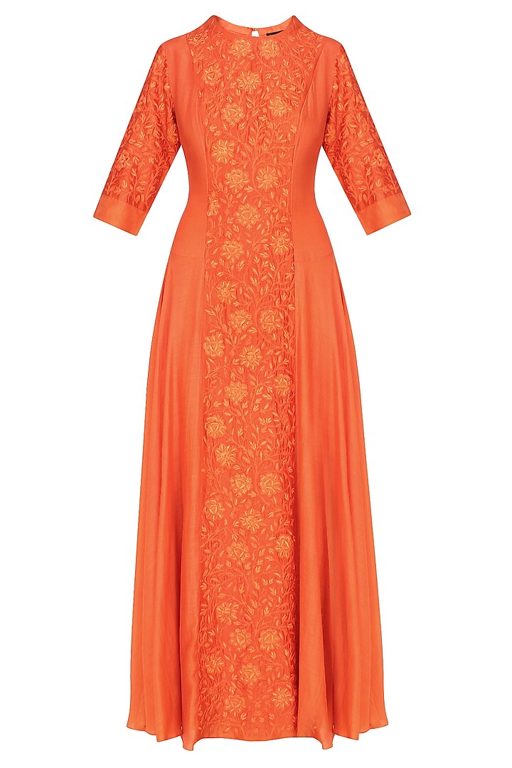 Deep orange floral embroidered kalidaar kurta set available only at Pernia's Pop Up Shop.