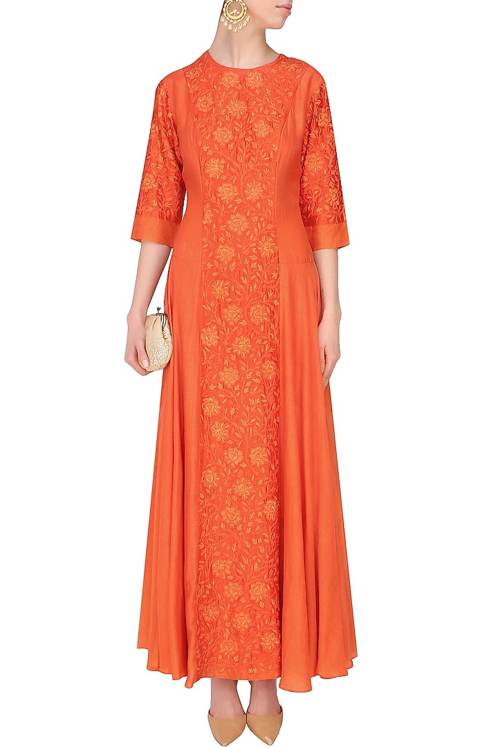 Deep orange floral embroidered kalidaar kurta set available only at Pernia's Pop Up Shop.
