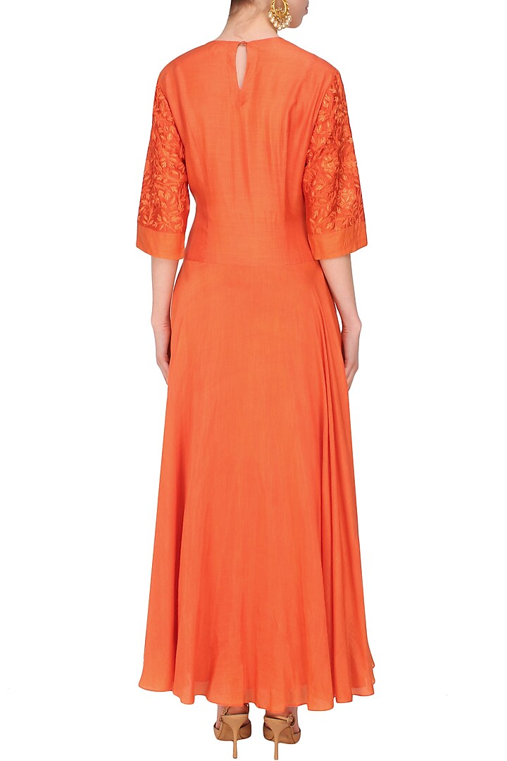 Deep orange floral embroidered kalidaar kurta set available only at Pernia's Pop Up Shop.