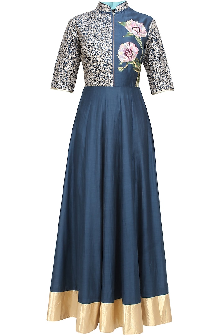Navy blue floral embroidered kalidaar anarkali set available only at Pernia's Pop Up Shop.