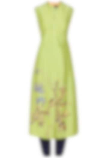 Lime green floral embroidered kurta and blue churidaar pants set available only at Pernia's Pop Up Shop.