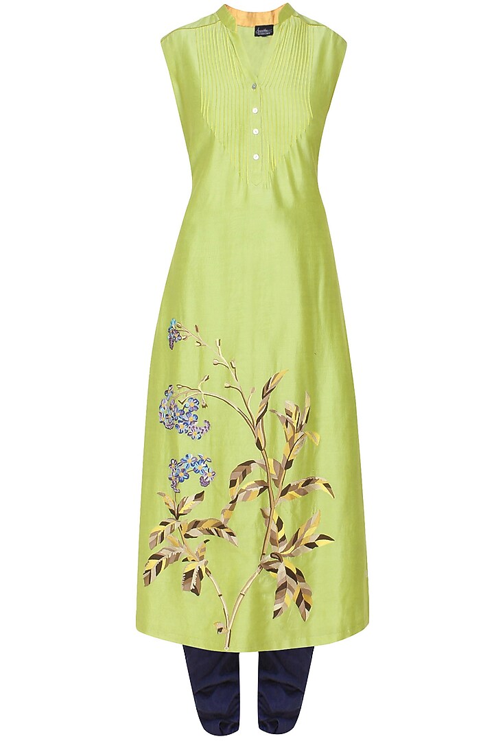 Lime green floral embroidered kurta and blue churidaar pants set available only at Pernia's Pop Up Shop.