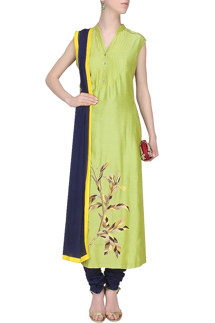 Lime green floral embroidered kurta and blue churidaar pants set available only at Pernia's Pop Up Shop.