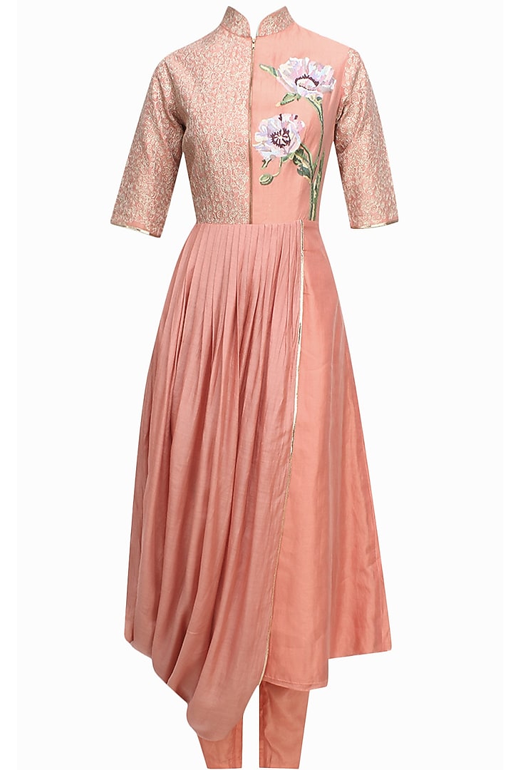 Peach floral embroidered kalidaar drape kurta and pants set available only at Pernia's Pop Up Shop.