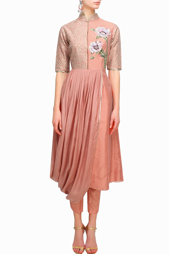 Peach floral embroidered kalidaar drape kurta and pants set available only at Pernia's Pop Up Shop.