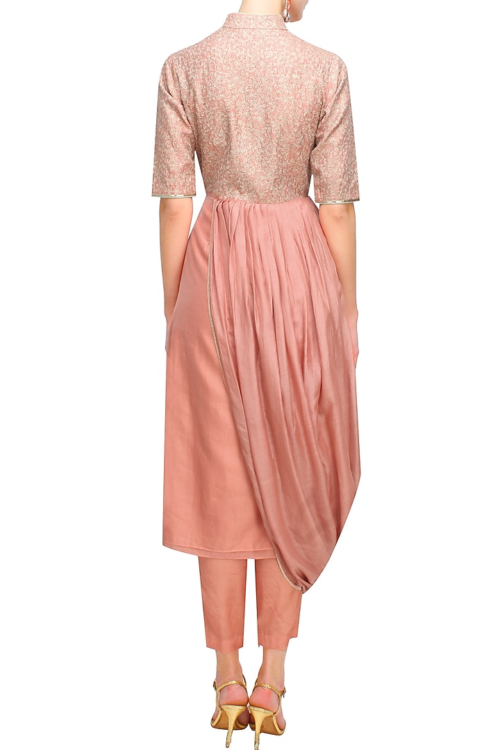 Peach floral embroidered kalidaar drape kurta and pants set available only at Pernia's Pop Up Shop.