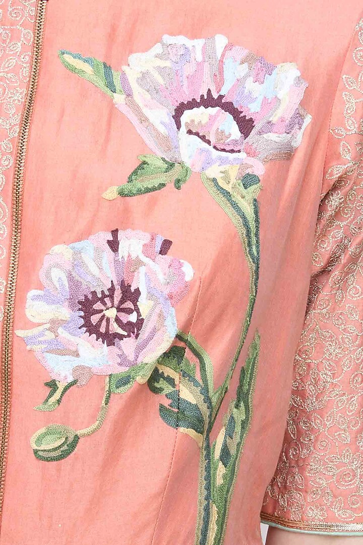 Peach floral embroidered kalidaar drape kurta and pants set available only at Pernia's Pop Up Shop.