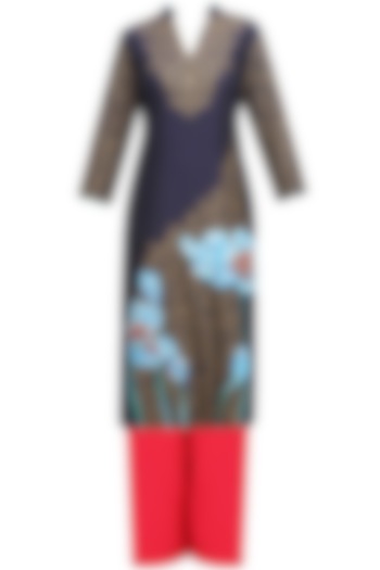 Navy blue floral embroidered straight kurta and red palazzo pants set available only at Pernia's Pop Up Shop.