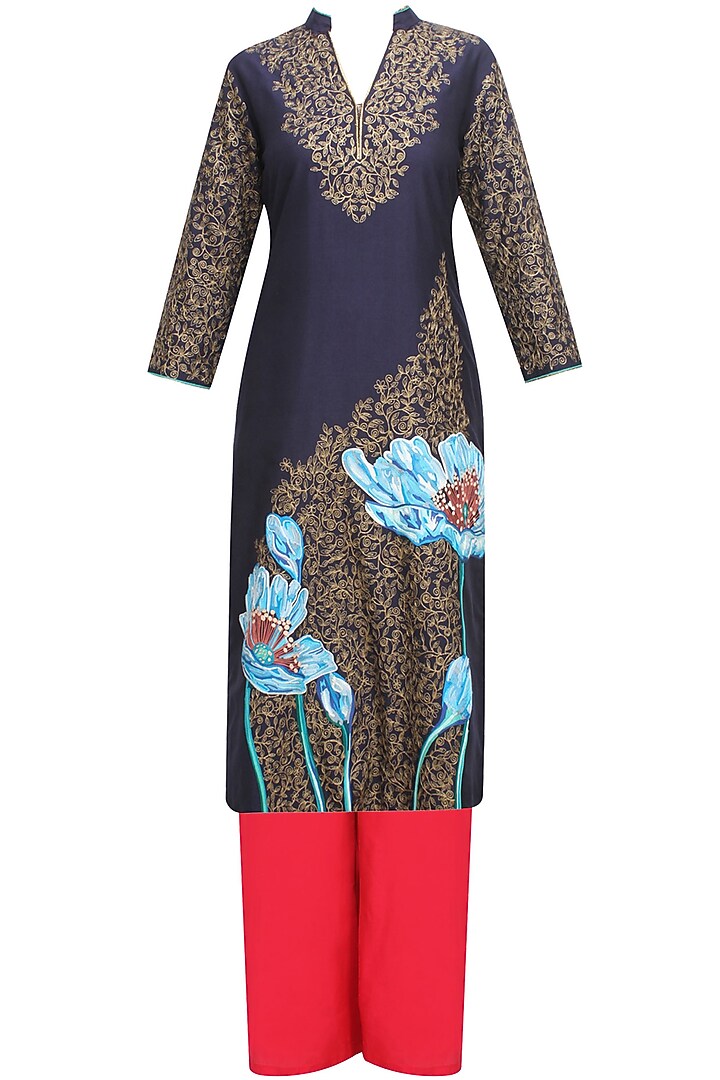 Navy blue floral embroidered straight kurta and red palazzo pants set available only at Pernia's Pop Up Shop.