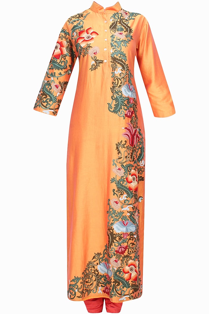 Sunset orange floral embroidered kurta set available only at Pernia's Pop Up Shop.
