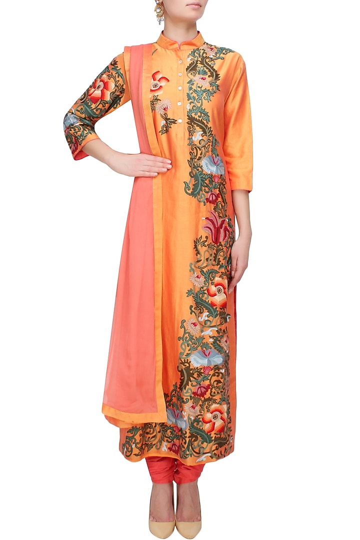 Sunset orange floral embroidered kurta set available only at Pernia's Pop Up Shop.