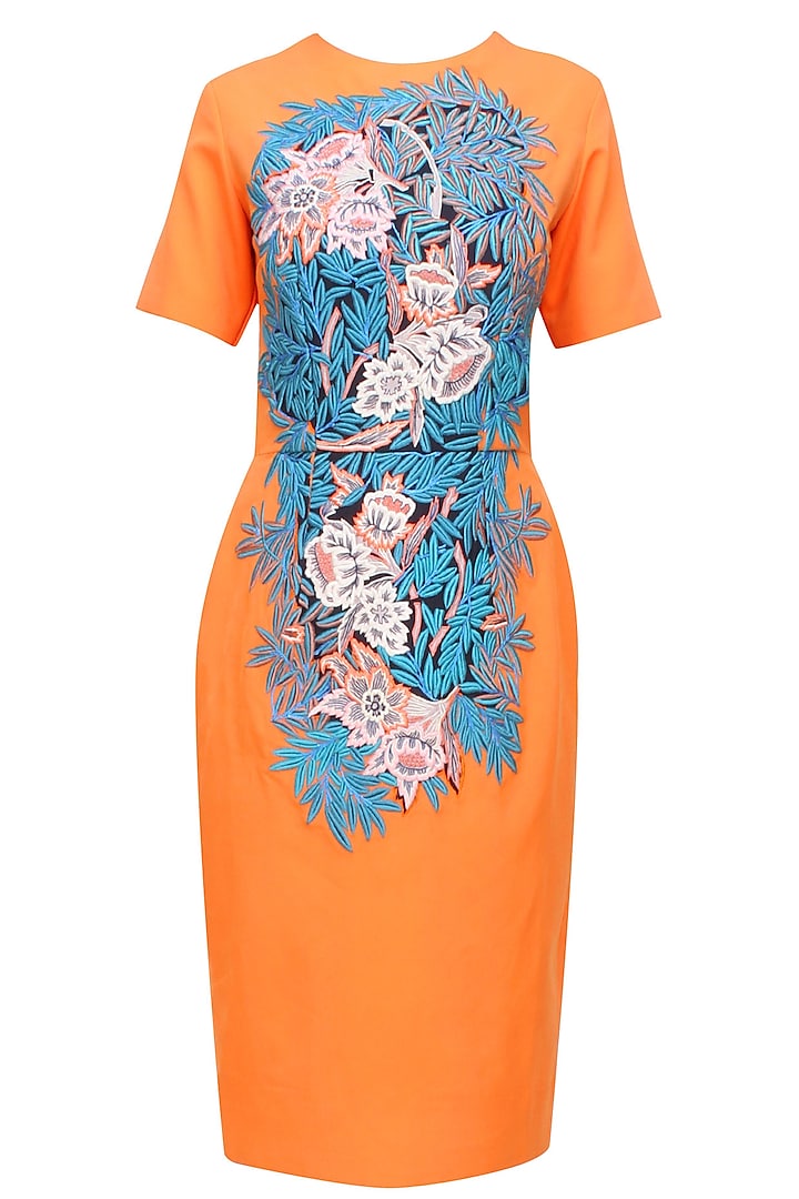 Tangerine floral embroidered midi dress available only at Pernia's Pop Up Shop.