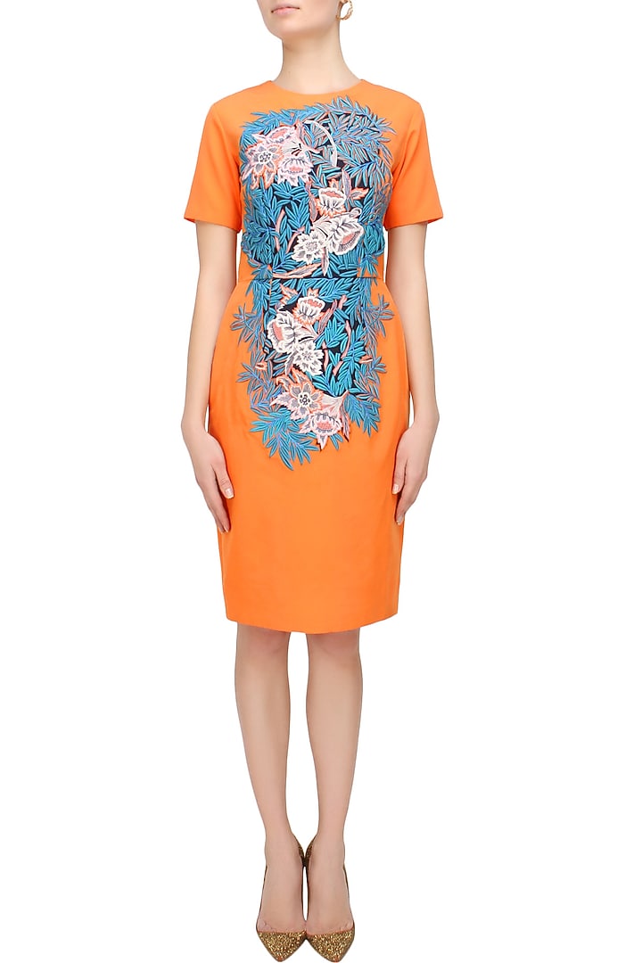 Tangerine floral embroidered midi dress available only at Pernia's Pop Up Shop.