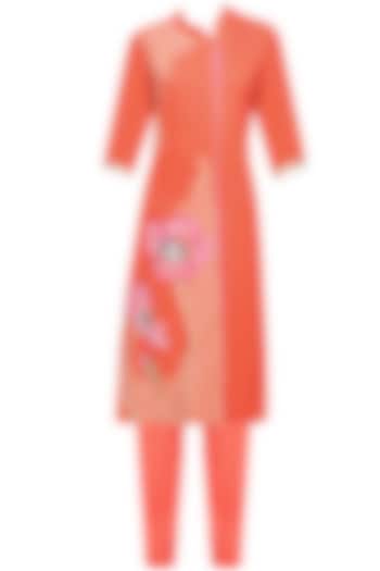 Orange floral embroidered straight kurta and pants set available only at Pernia's Pop Up Shop.