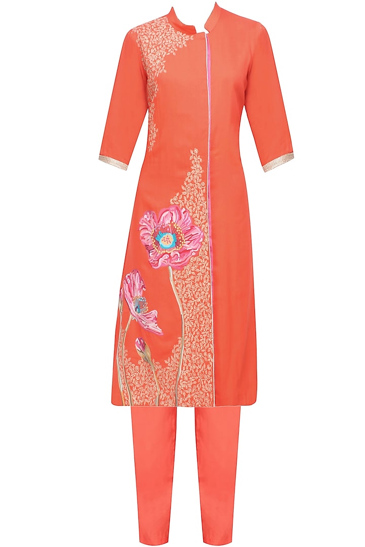 Orange floral embroidered straight kurta and pants set available only at Pernia's Pop Up Shop.