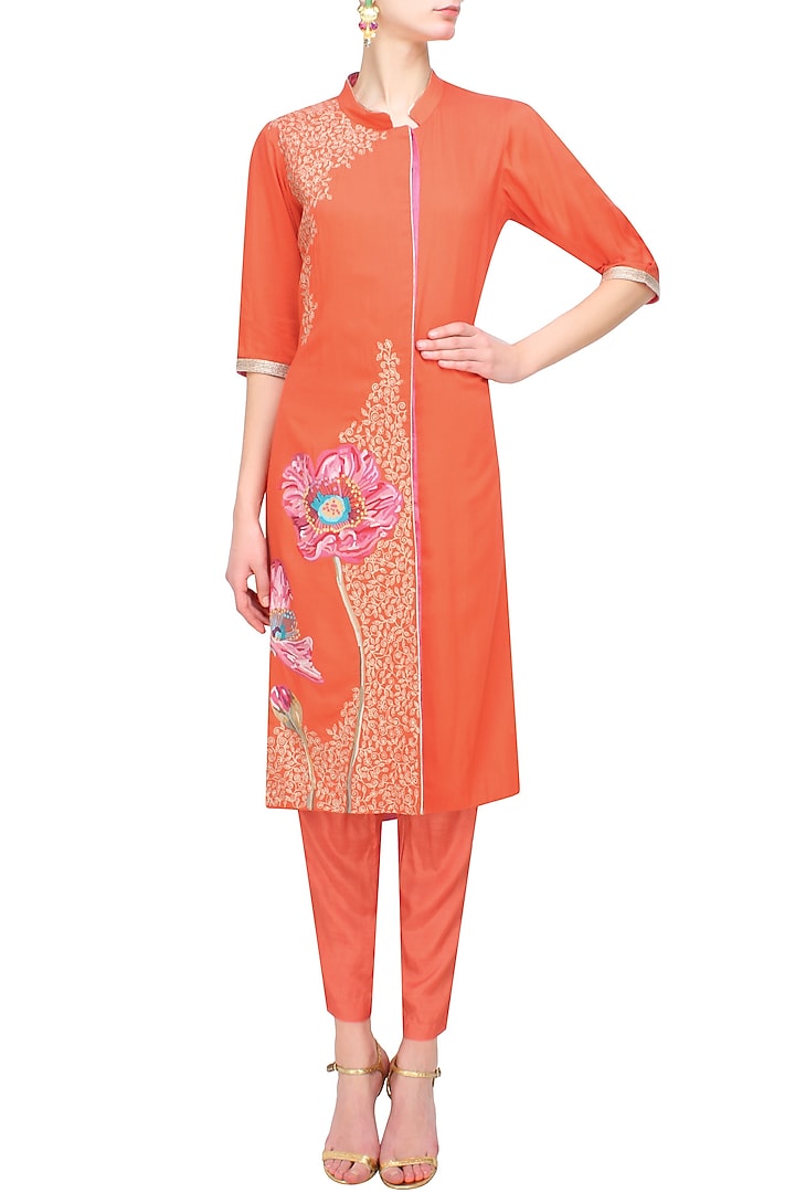 Orange floral embroidered straight kurta and pants set available only at Pernia's Pop Up Shop.