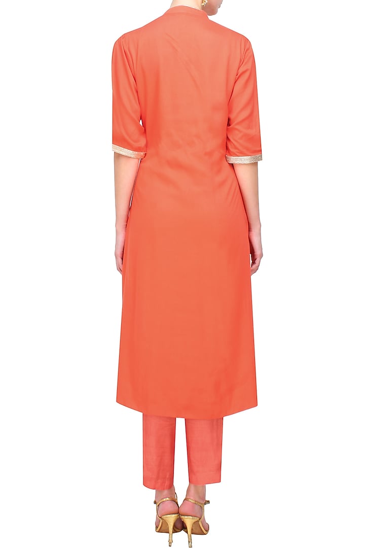 Orange floral embroidered straight kurta and pants set available only at Pernia's Pop Up Shop.