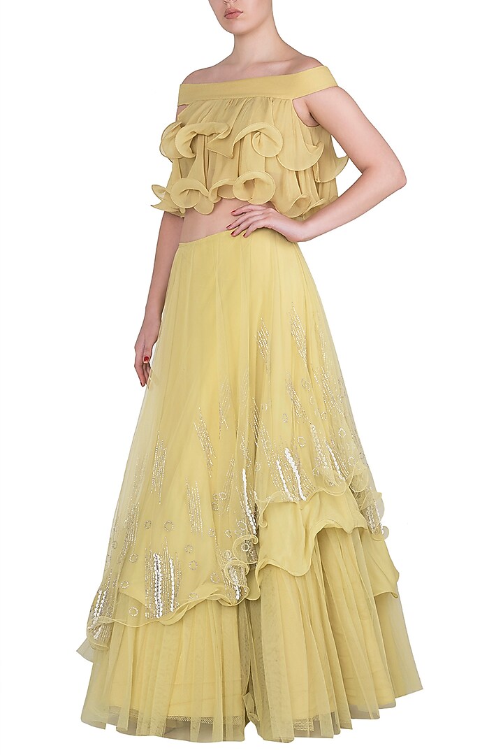 Iris yellow embroidered ruffle top with lehenga skirt available only at Pernia's Pop Up Shop.