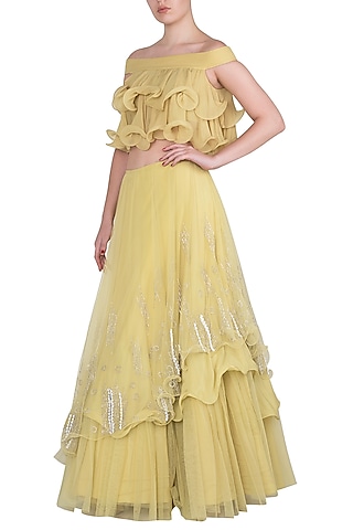 Iris Yellow Embroidered Ruffle Top with Lehenga Skirt by Babita Malkani